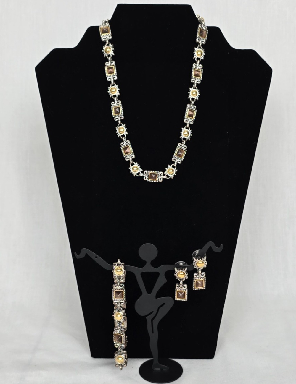 Jewelry Set Gem Charm Necklace, Bracelet, Earrings Silver, Gold & Bronze Tones